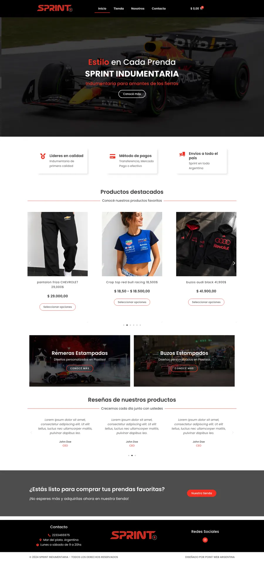Sitio web de Sprint Indumentaria diseñado por Point Web (página completa)